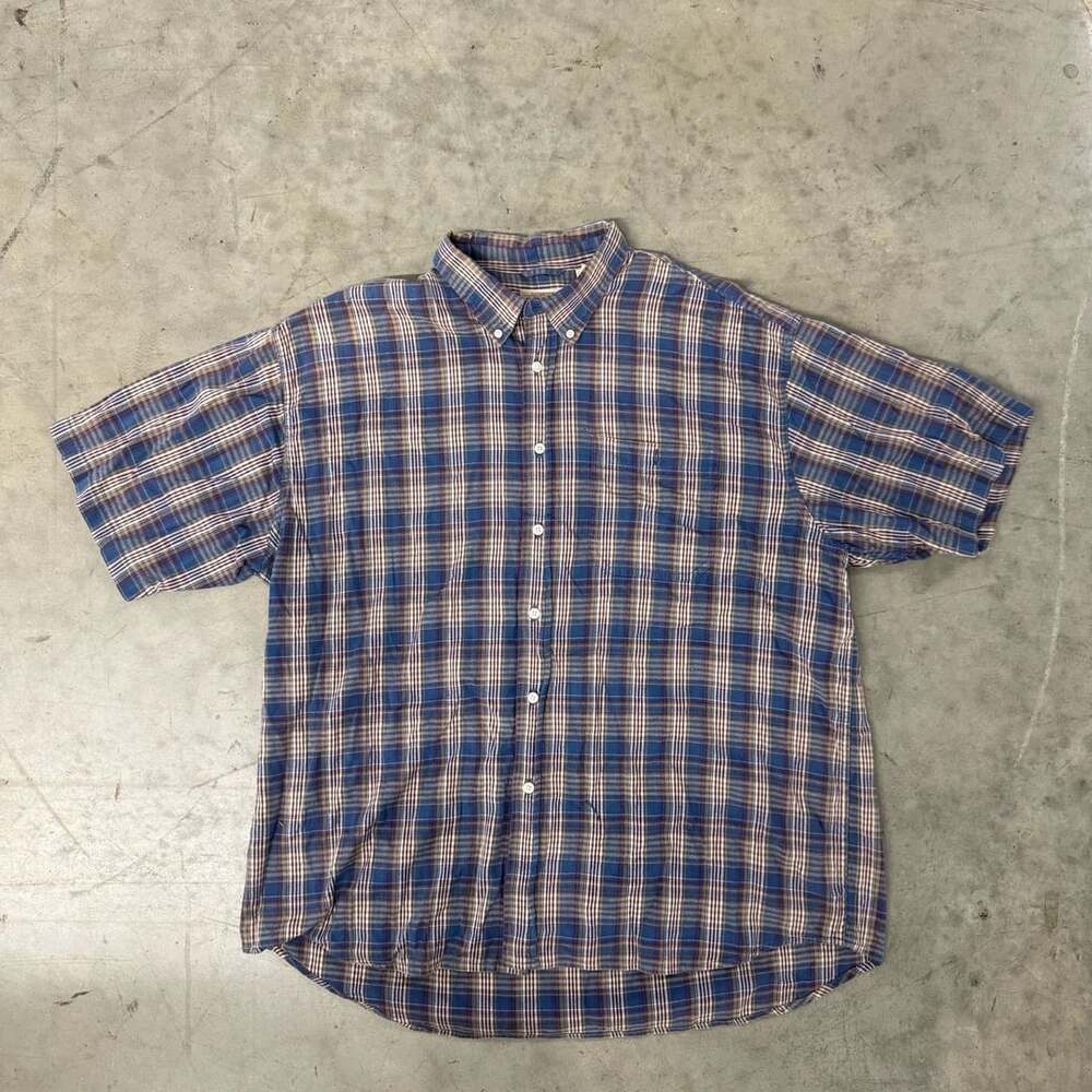 St. John's Bay Plaid Button Down Short Sleeve Shirt Size XL/XG Blue